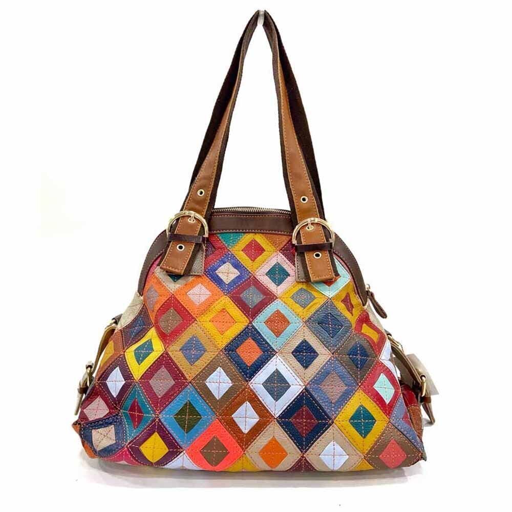 3107 Colorful Patchwork Hobo Purse Leather Handbag Colorful Rhombus
